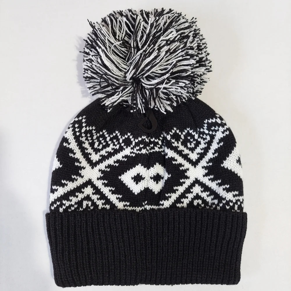 C.C Beanie Women's Fair Isle Knit Winter Hat Black White Geometric Pom Pom NWT